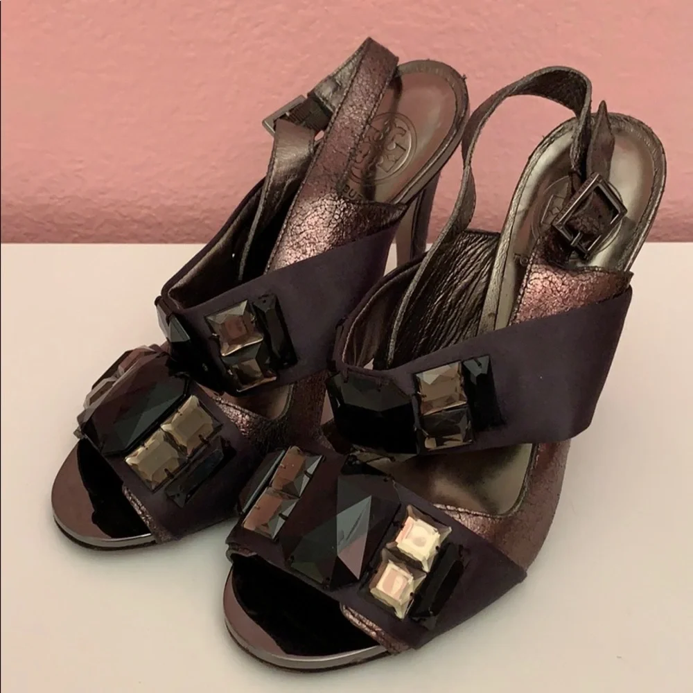 Tory Burch Bronze and Black Jeweled Slingback Heels